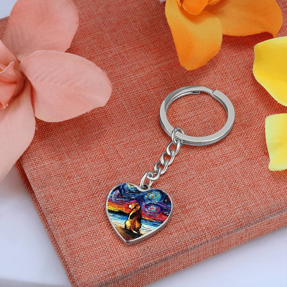 Beagle at the Beach Starry Night Heart Keychain