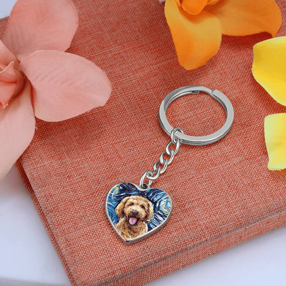 Goldendoodle Portrait Starry Night Heart Keychain