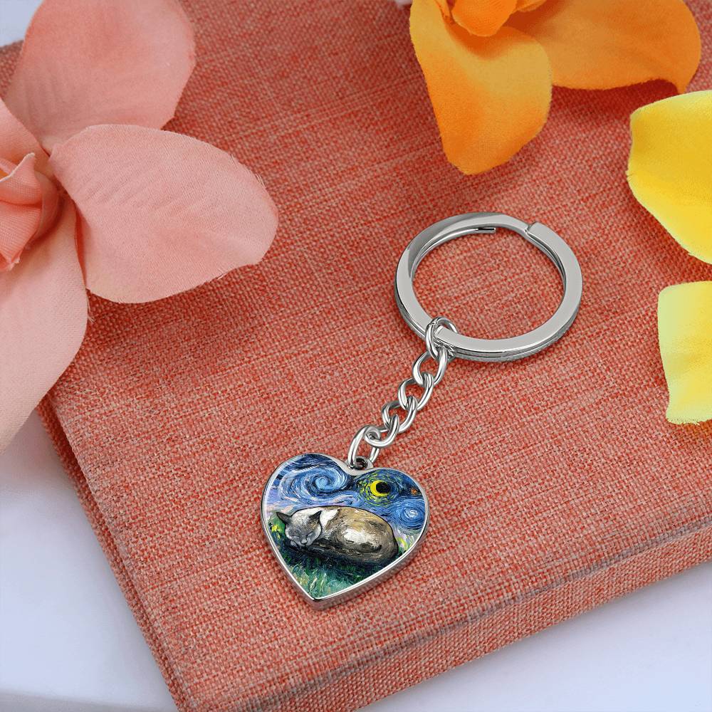 Sleeping Siamese Cat Starry Night Heart Keychain