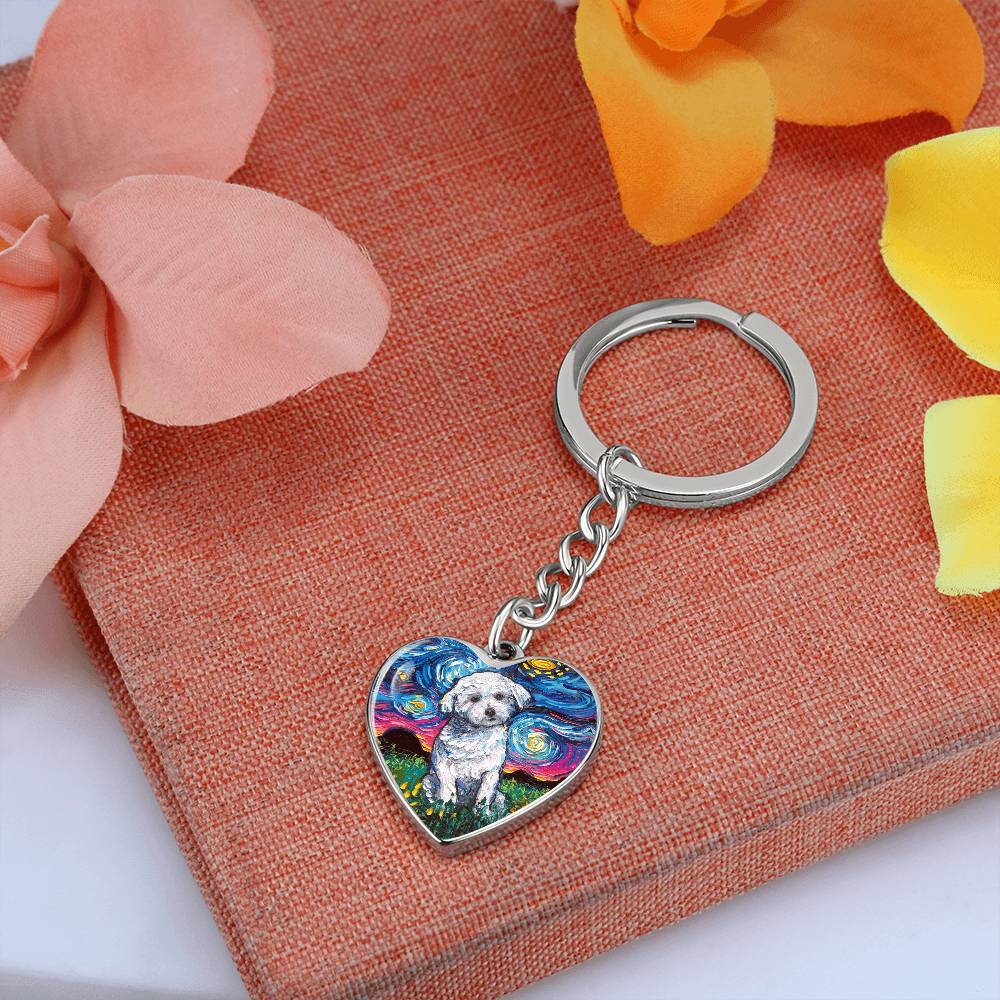 Maltese Starry Night Heart Keychain