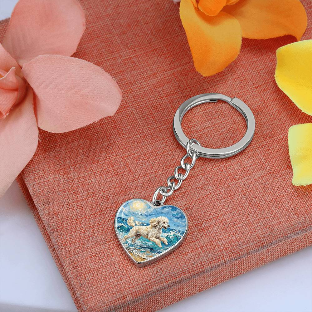 Beach Day - White Toy Poodle Heart Keychain