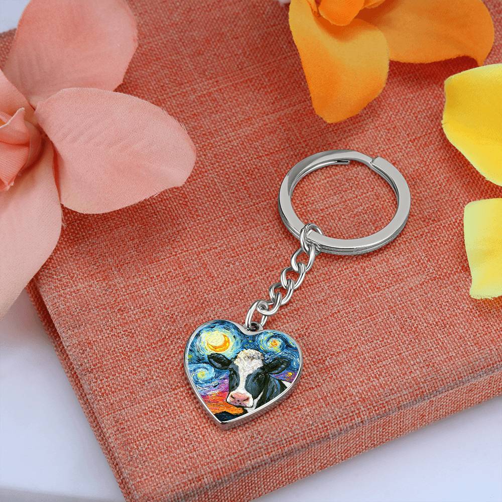 Holstein Cow Starry Night Heart Keychain