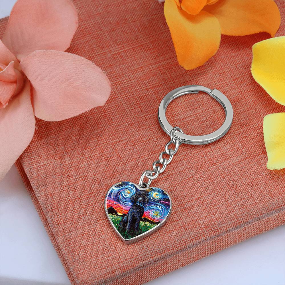 Black Poodle Starry Night Heart Keychain
