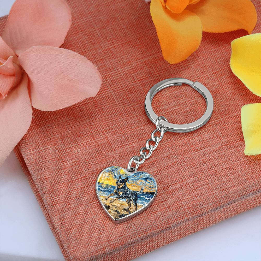 Frolicking Blue Heeler at the Beach Heart Keychain