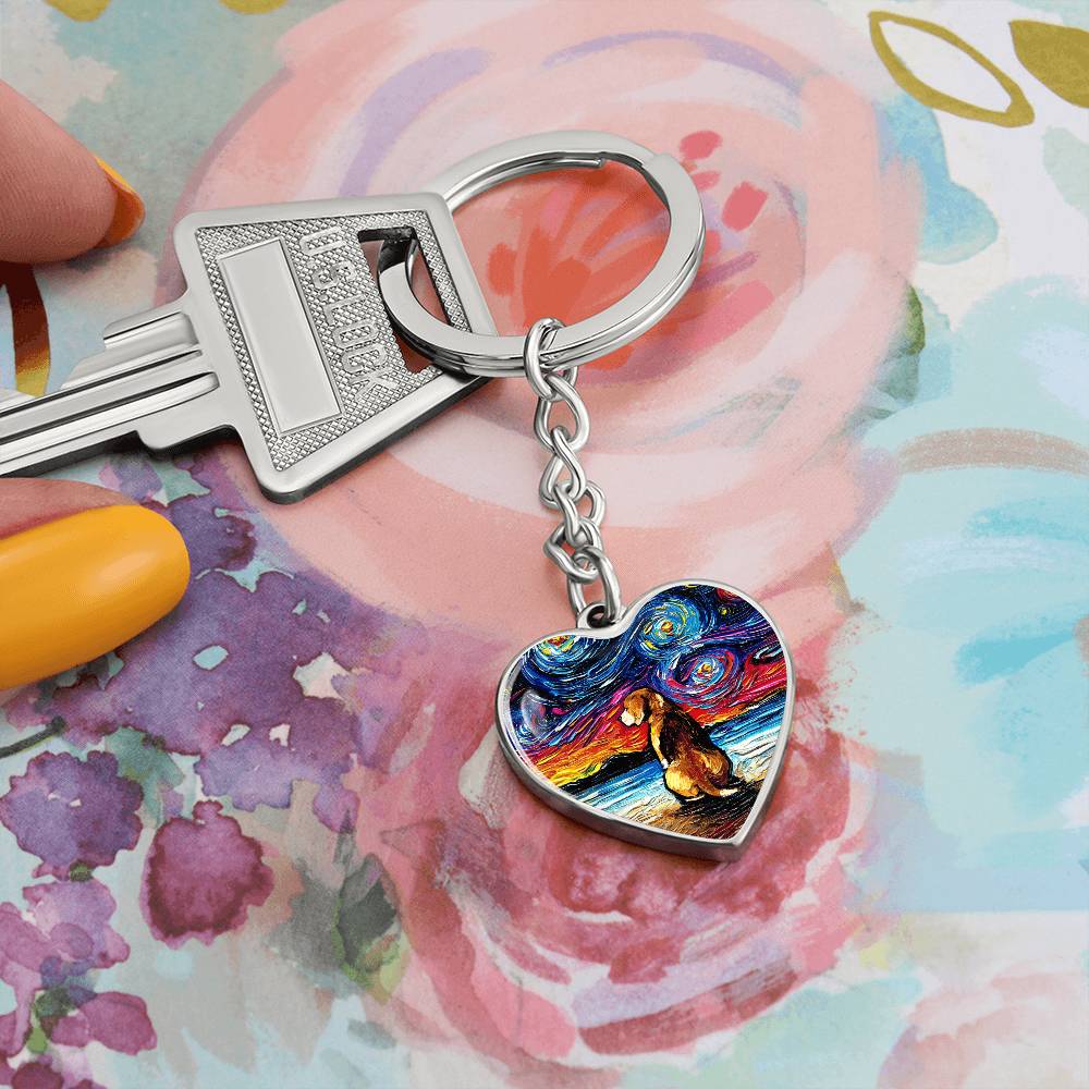 Beagle at the Beach Starry Night Heart Keychain