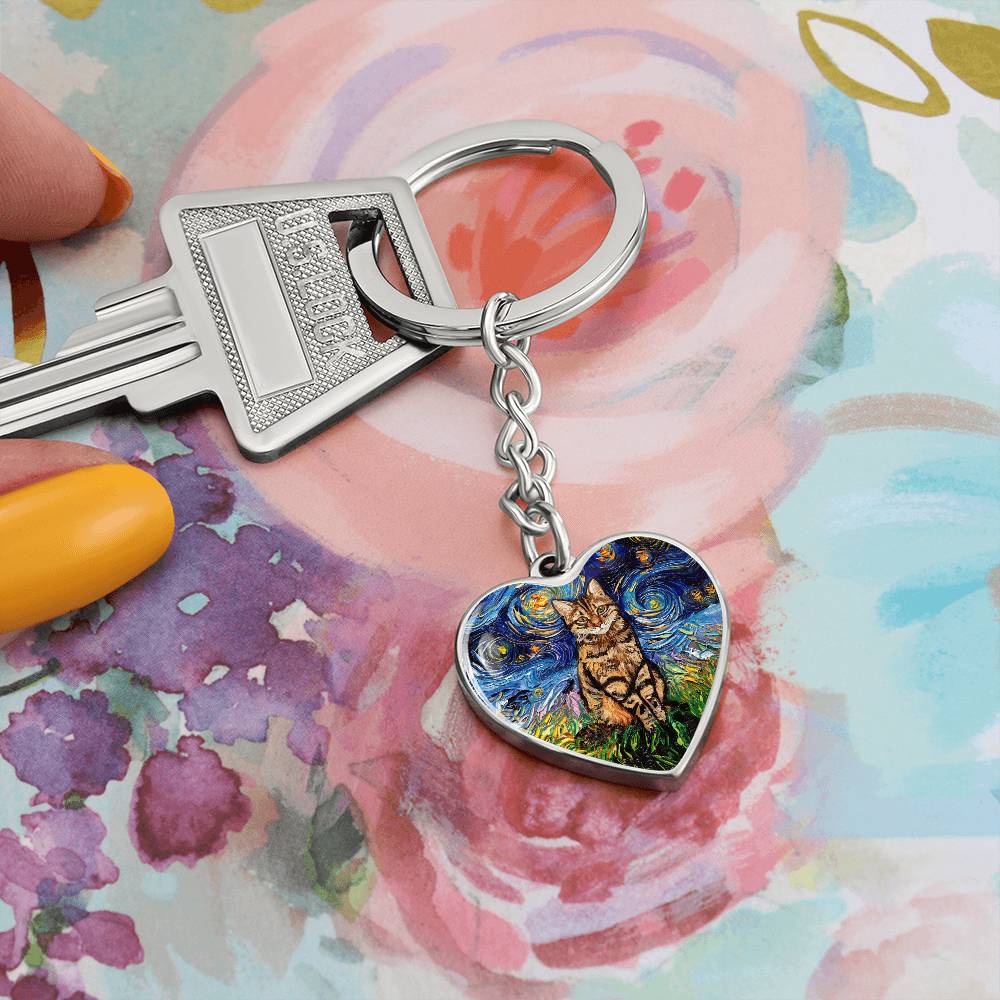 Brown Tabby Starry Night Heart Keychain