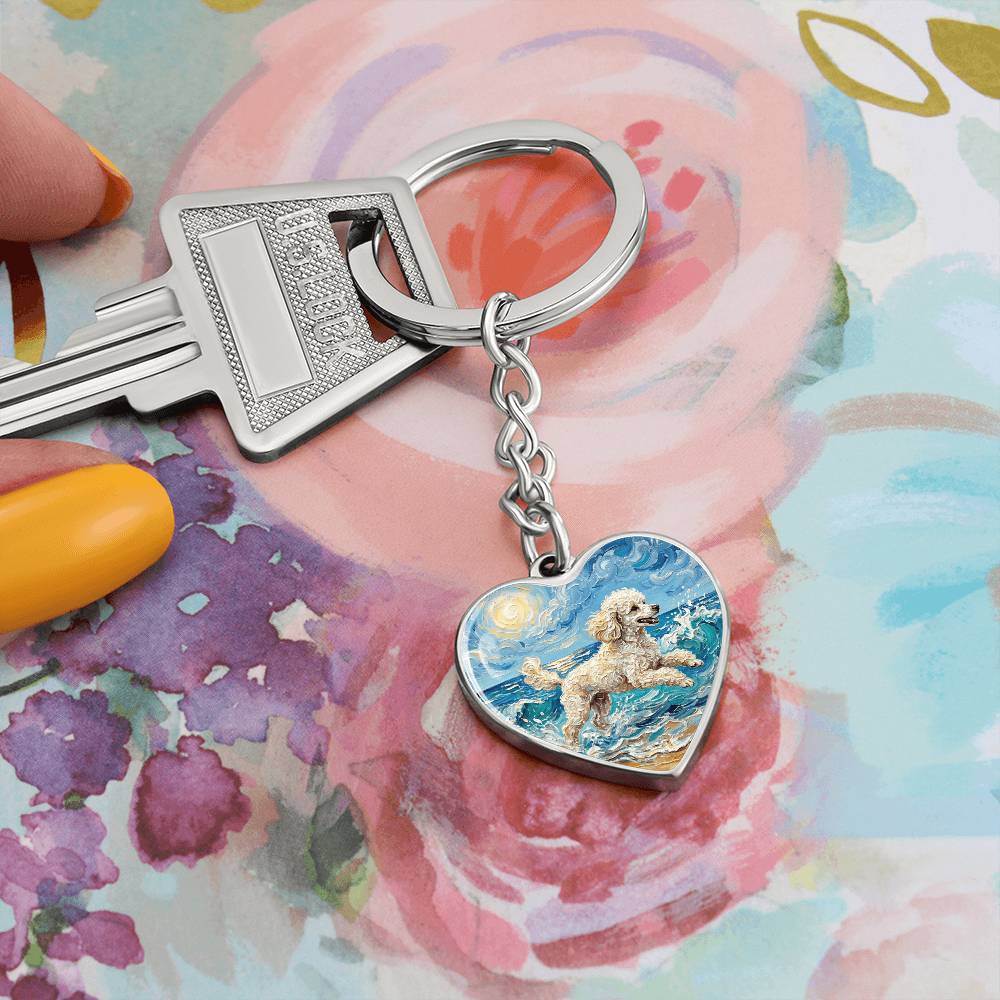 Beach Day - White Toy Poodle Heart Keychain