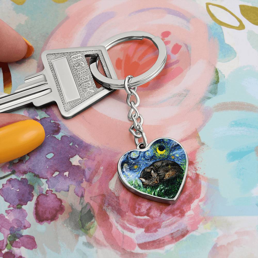 Sleeping Brown Tabby Cat Starry Night Heart Keychain