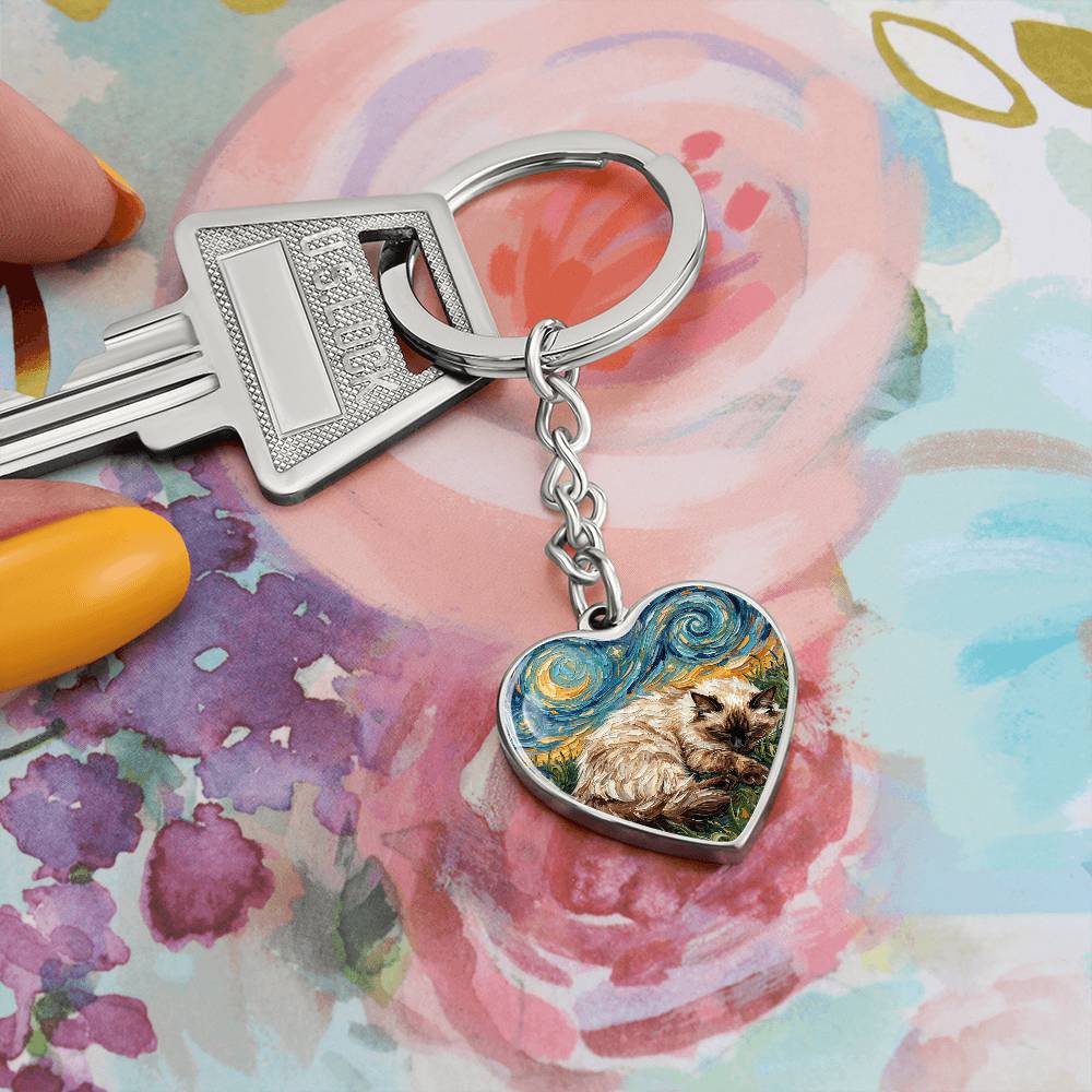 Sleepy Birman Night Heart Keychain