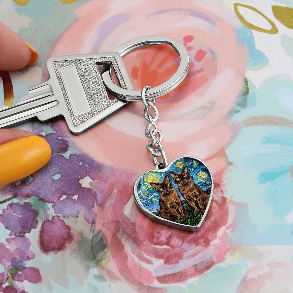 Burnese Cat Night Heart Keychain