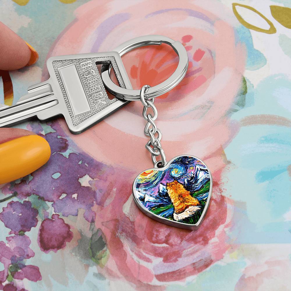 Pomeranian Back Starry Night Heart Keychain