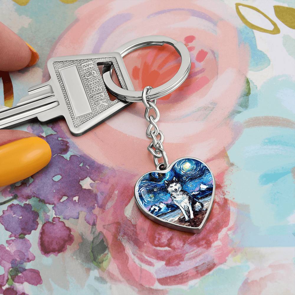 Husky Starry Night Heart Keychain