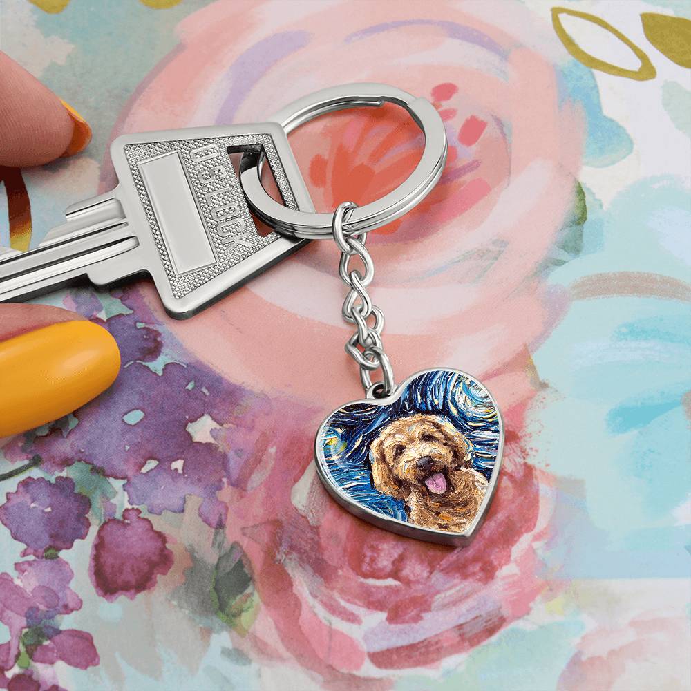 Goldendoodle Portrait Starry Night Heart Keychain