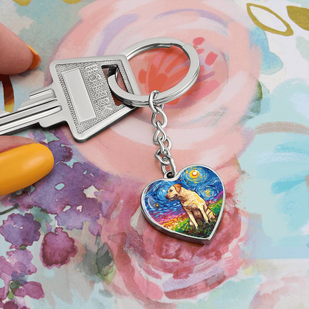Yellow Labrador Starry Night Heart Keychain