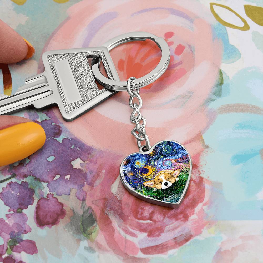 Sleeping Corgi Starry Night Heart Keychain
