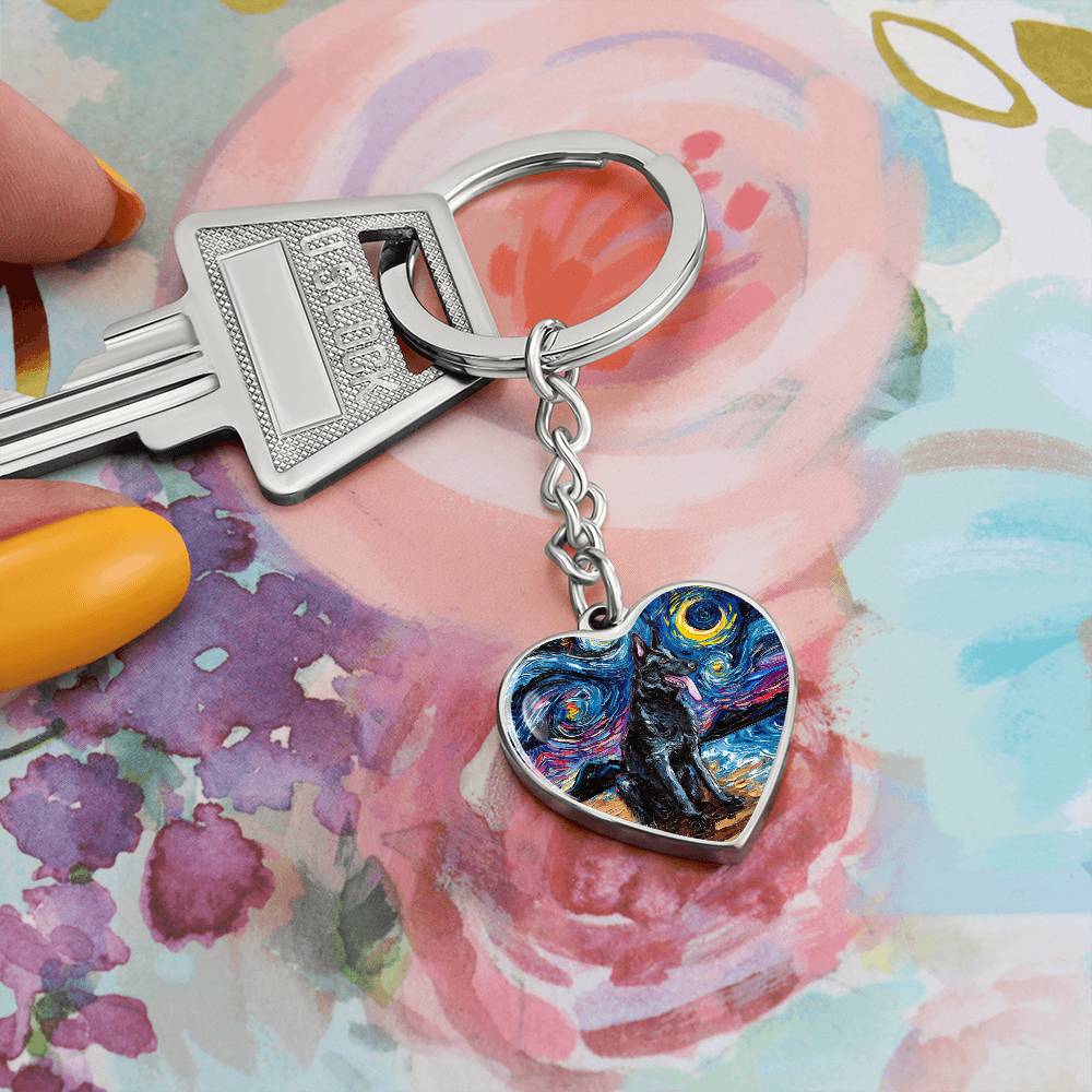 Black German Shepherd Starry Night Heart Keychain