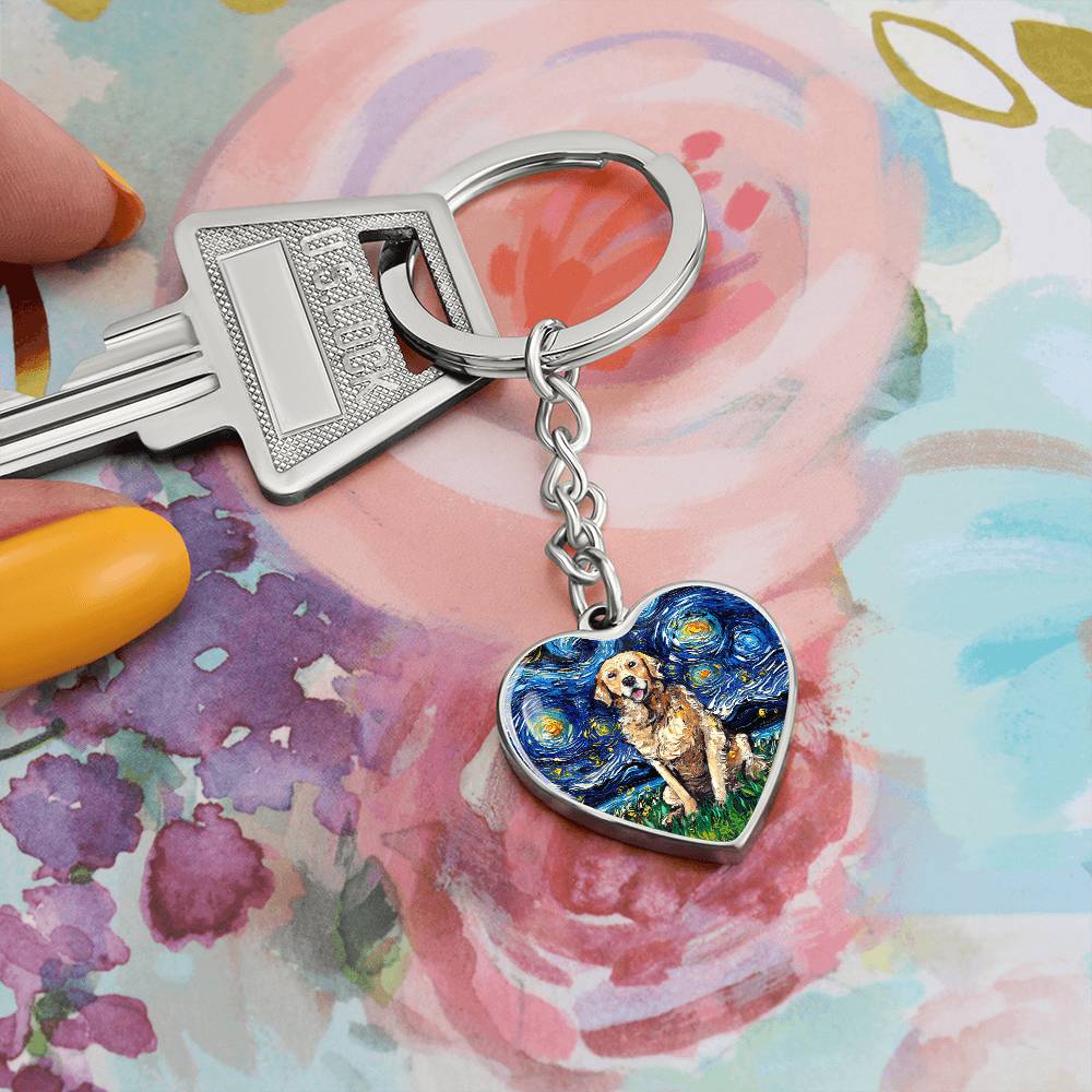 Golden Retriever Starry Night Heart Keychain