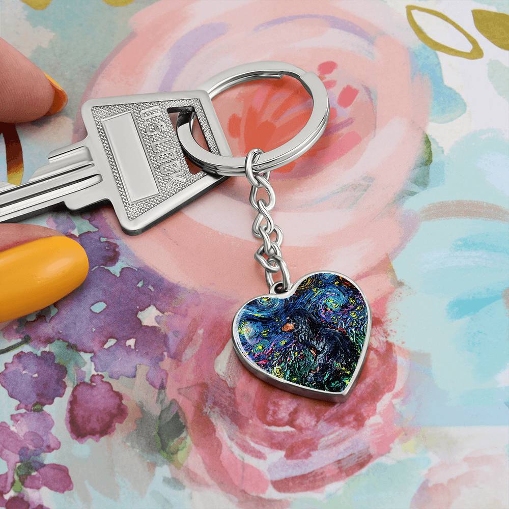 Long Hair Black and Tan Dachshund Starry Night Heart Keychain