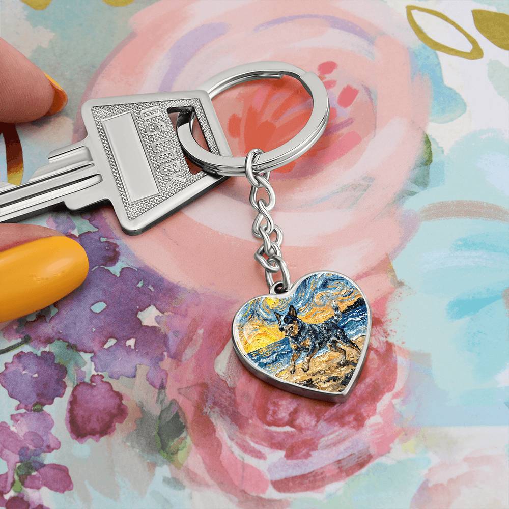 Frolicking Blue Heeler at the Beach Heart Keychain