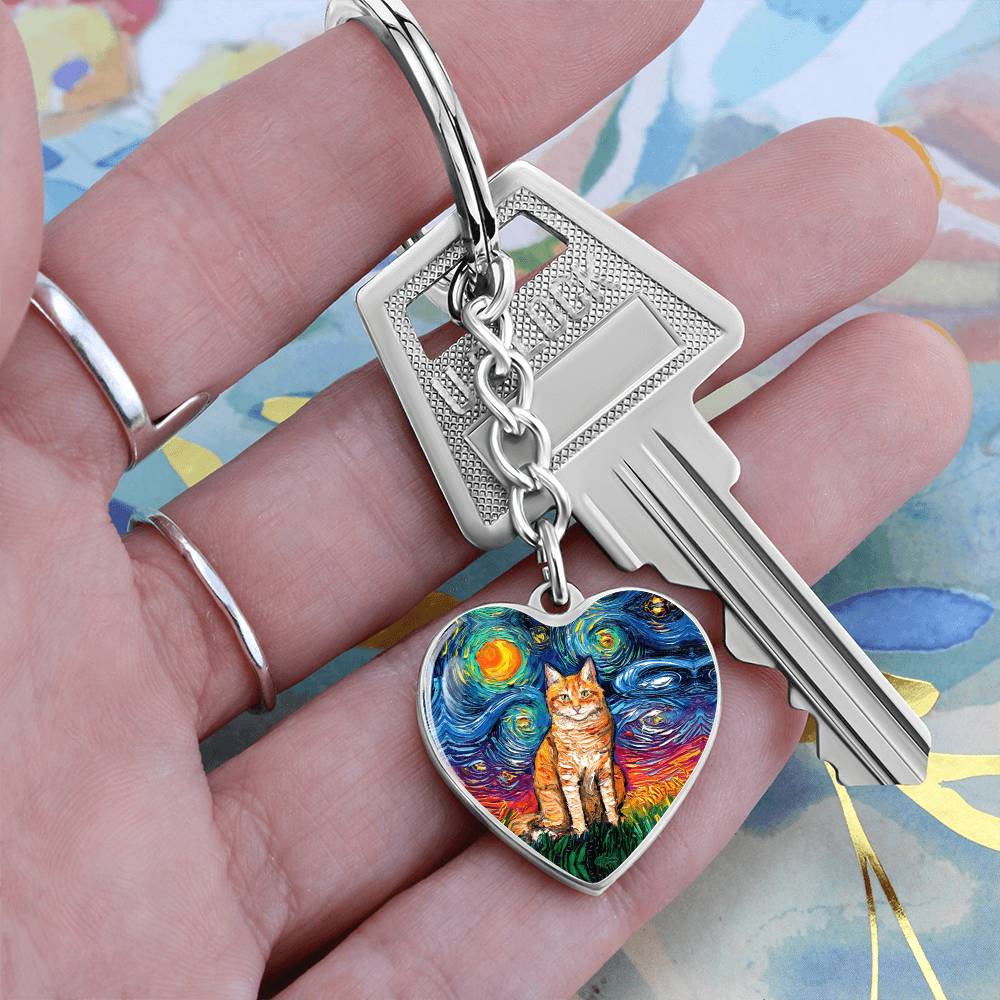 Orange Tabby Cat Starry Night Heart Keychain