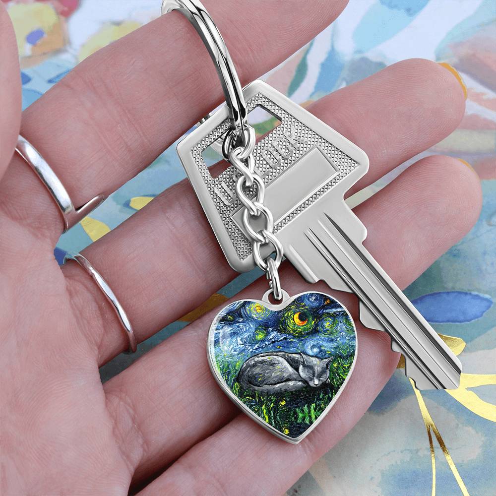 Russian Blue Cat Starry Night Heart Keychain