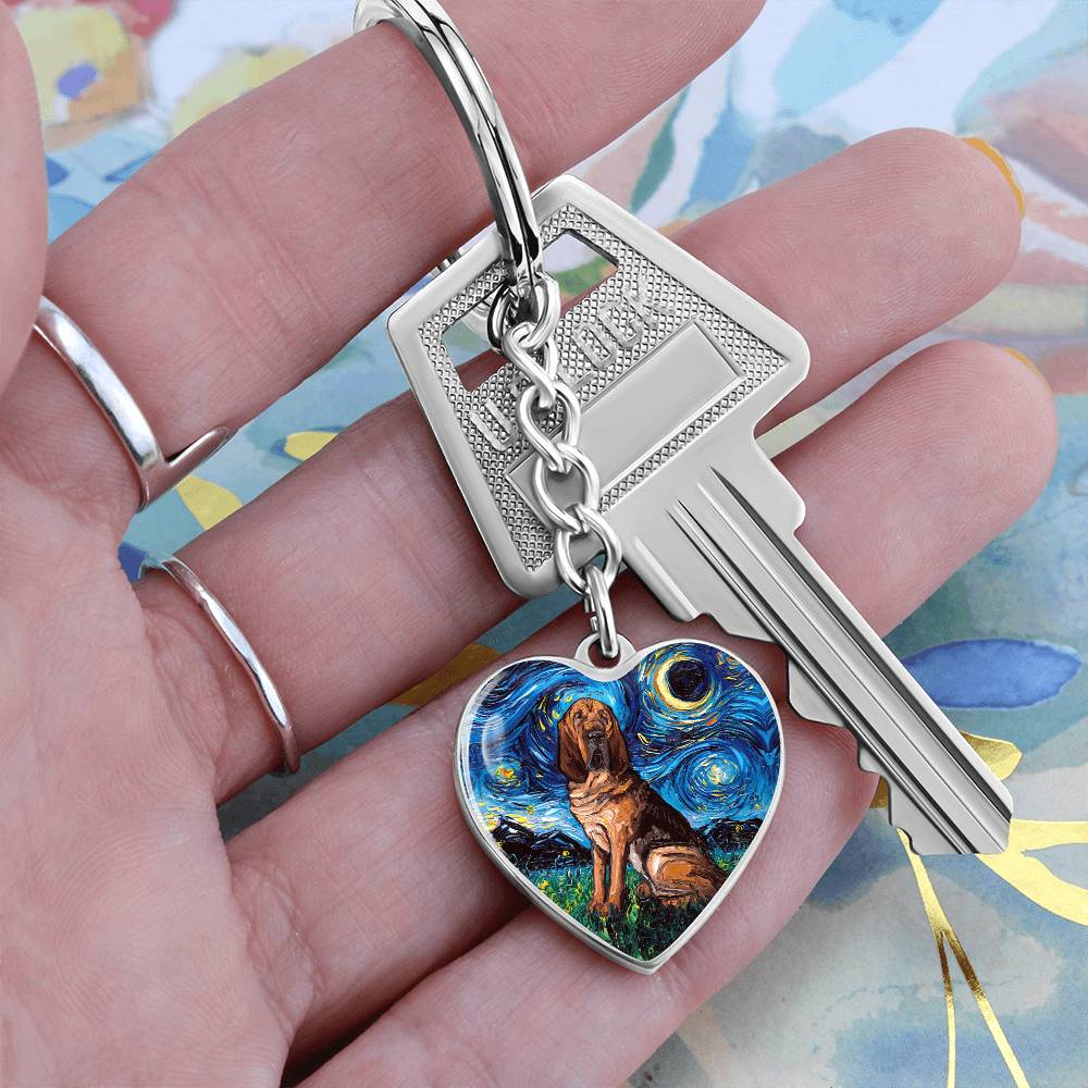 Bloodhound Starry Night Heart Keychain