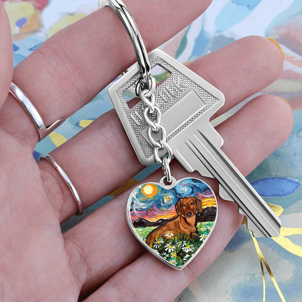 Brown Dachshund and Flowers Starry Night Heart Keychain