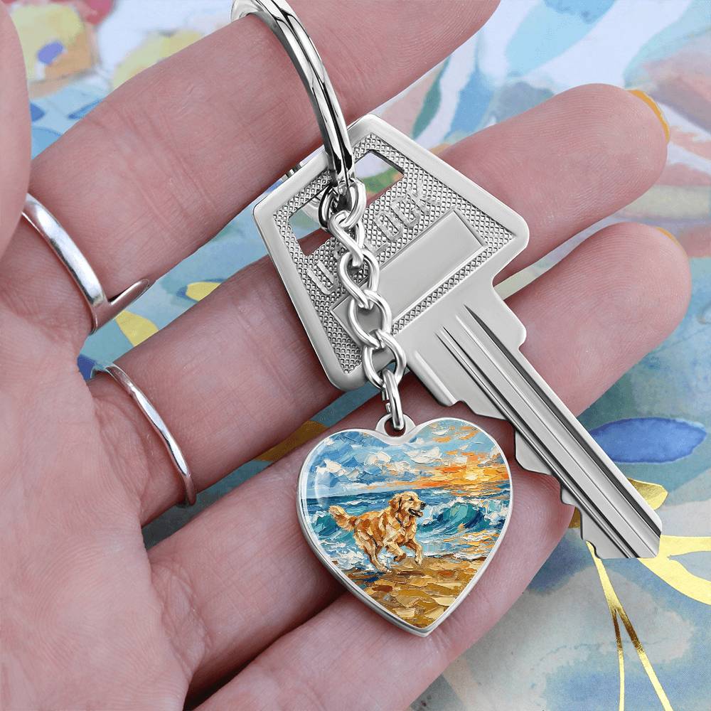 Frolicking Golden Retriever Heart Keychain