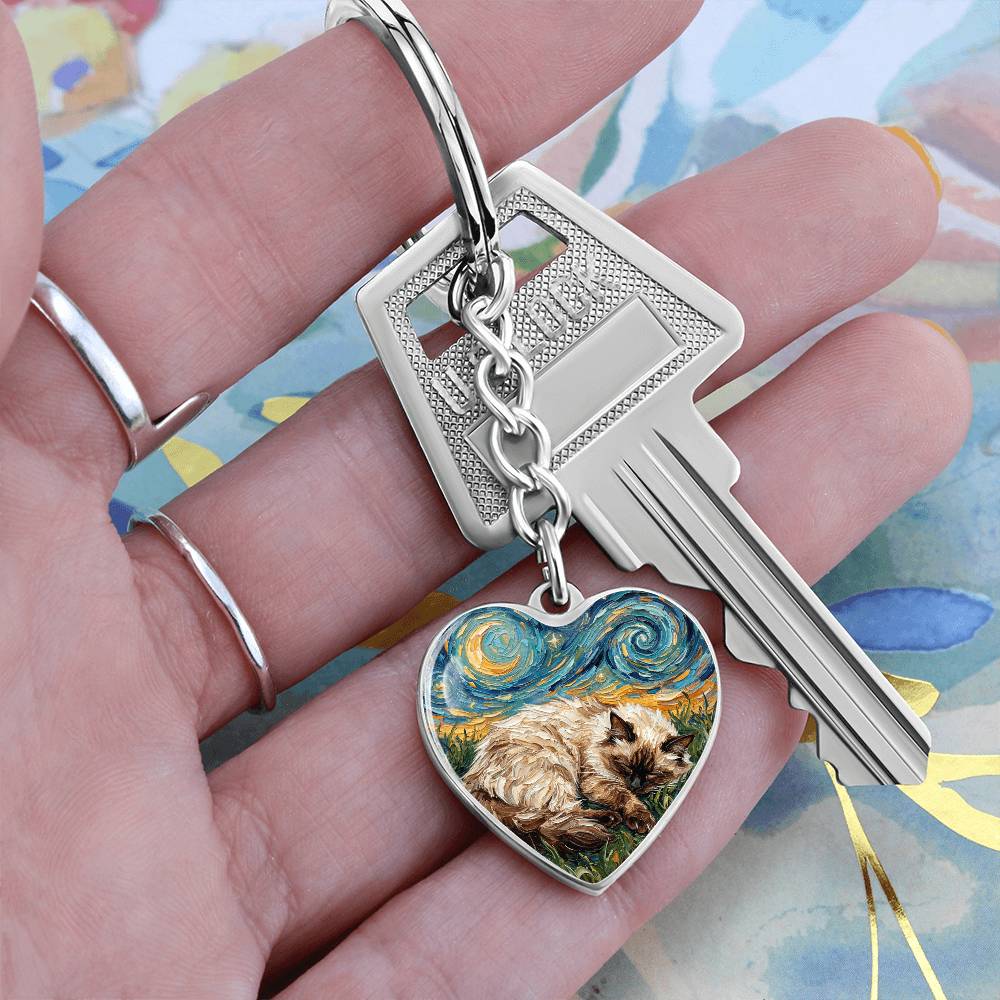 Sleepy Birman Night Heart Keychain