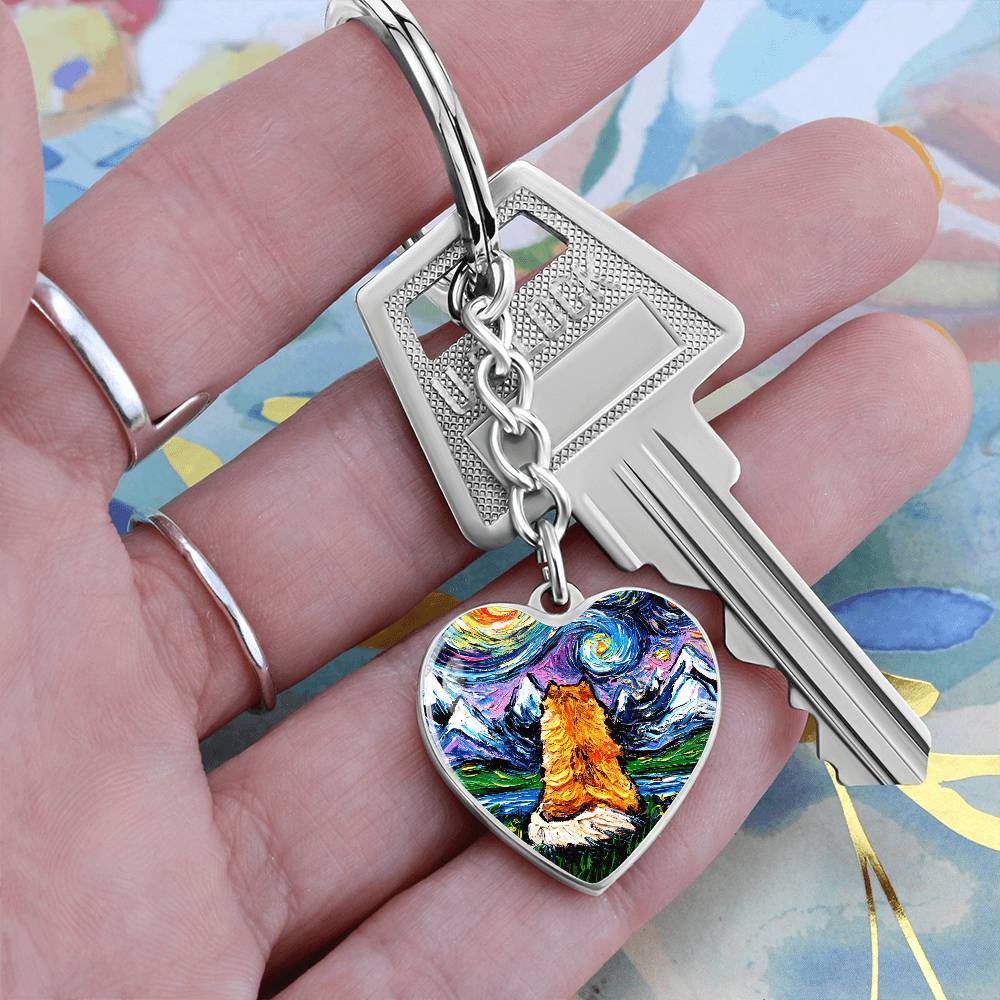 Pomeranian Back Starry Night Heart Keychain