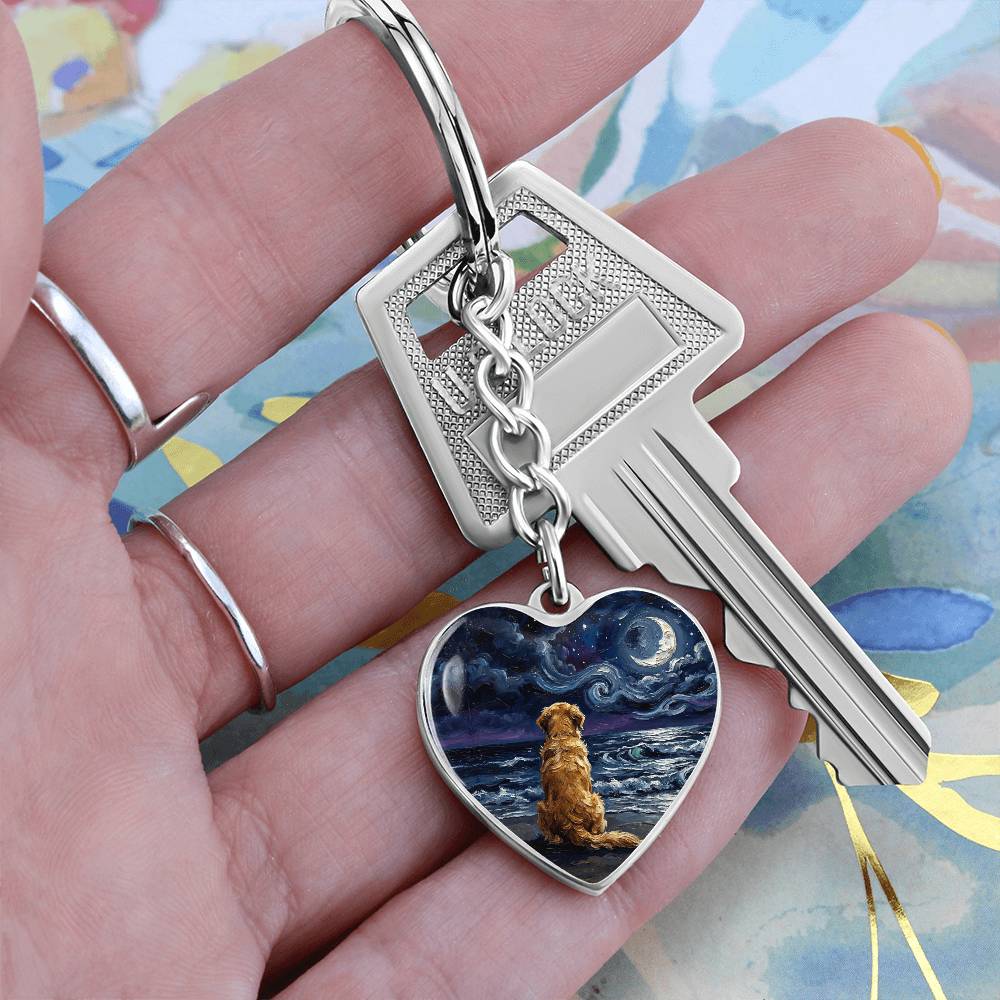 Beach Night - Golden Retriever Heart Keychain