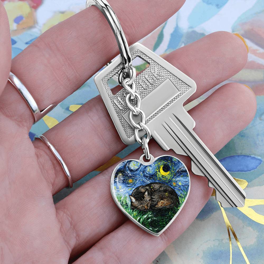 Sleeping Brown Tabby Starry Night Heart Keychain
