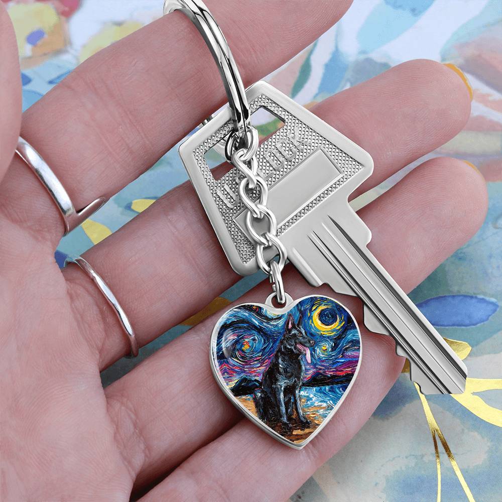 Black German Shepherd Starry Night Heart Keychain