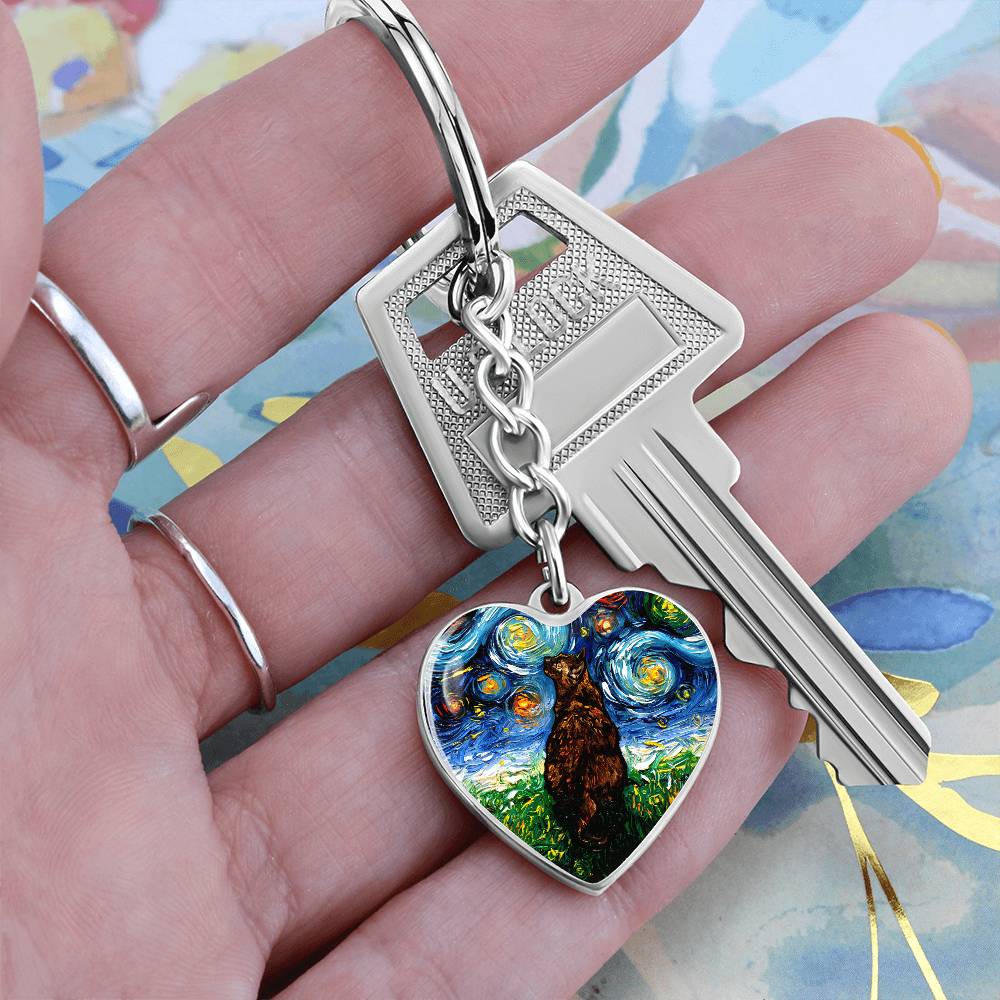 Tortoiseshell Cat Starry Night Heart Keychain
