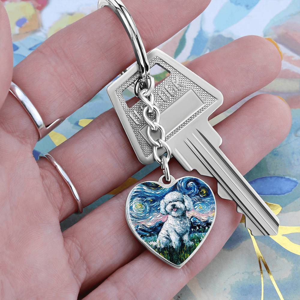 Bichon Frise Starry Night Heart Keychain