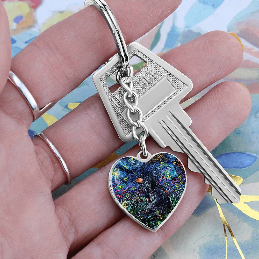 Long Hair Black and Tan Dachshund Starry Night Heart Keychain