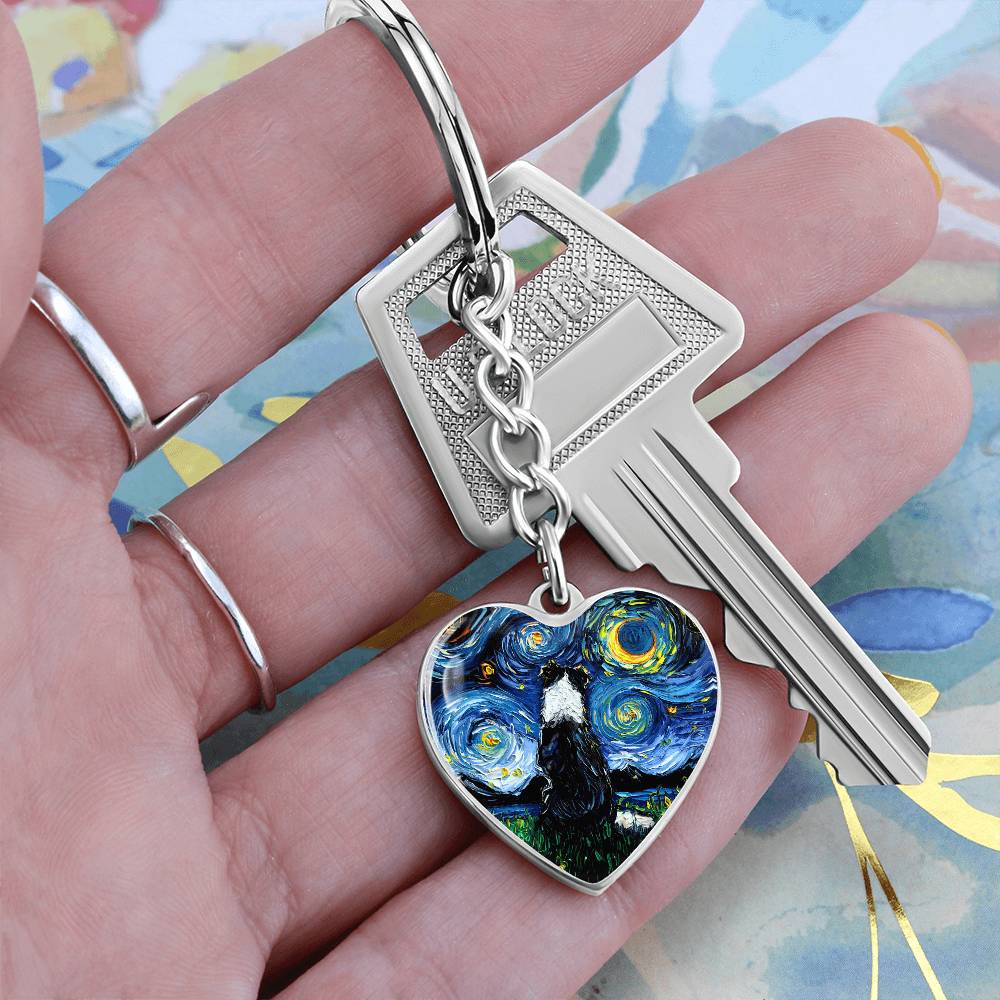 Border Collie Back Starry Night Heart Keychain