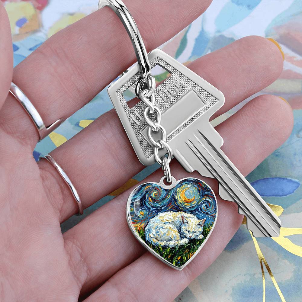 Sleepy White Cat Night Heart Keychain