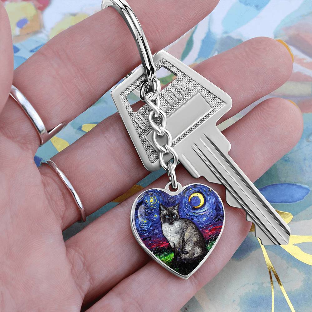 Siamese Cat Starry Night Heart Keychain