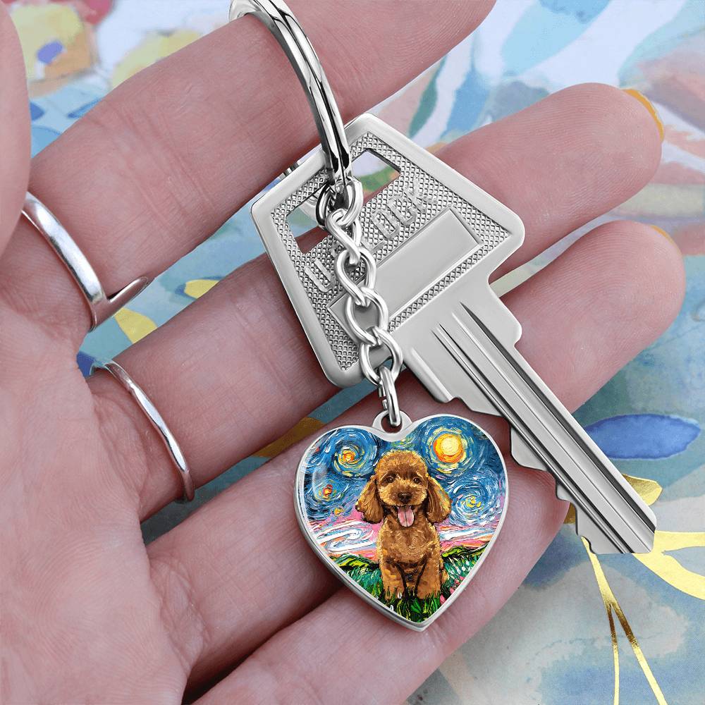 Apricot Poodle Puppy Starry Night Heart Keychain