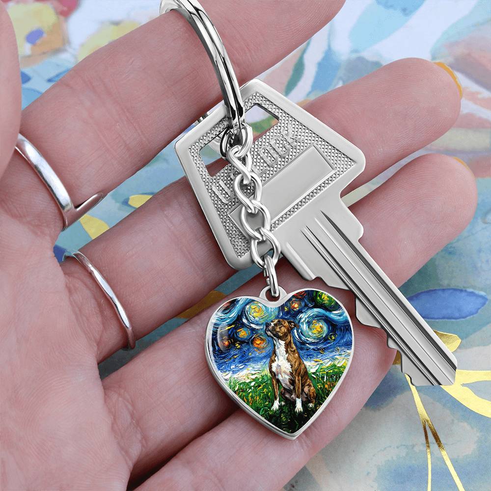 Staffordshire Bull Terrier Starry Night Heart Keychain