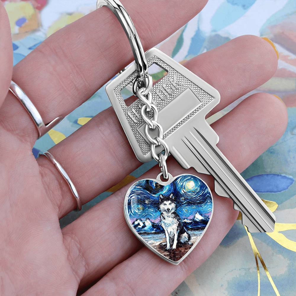 Husky Starry Night Heart Keychain