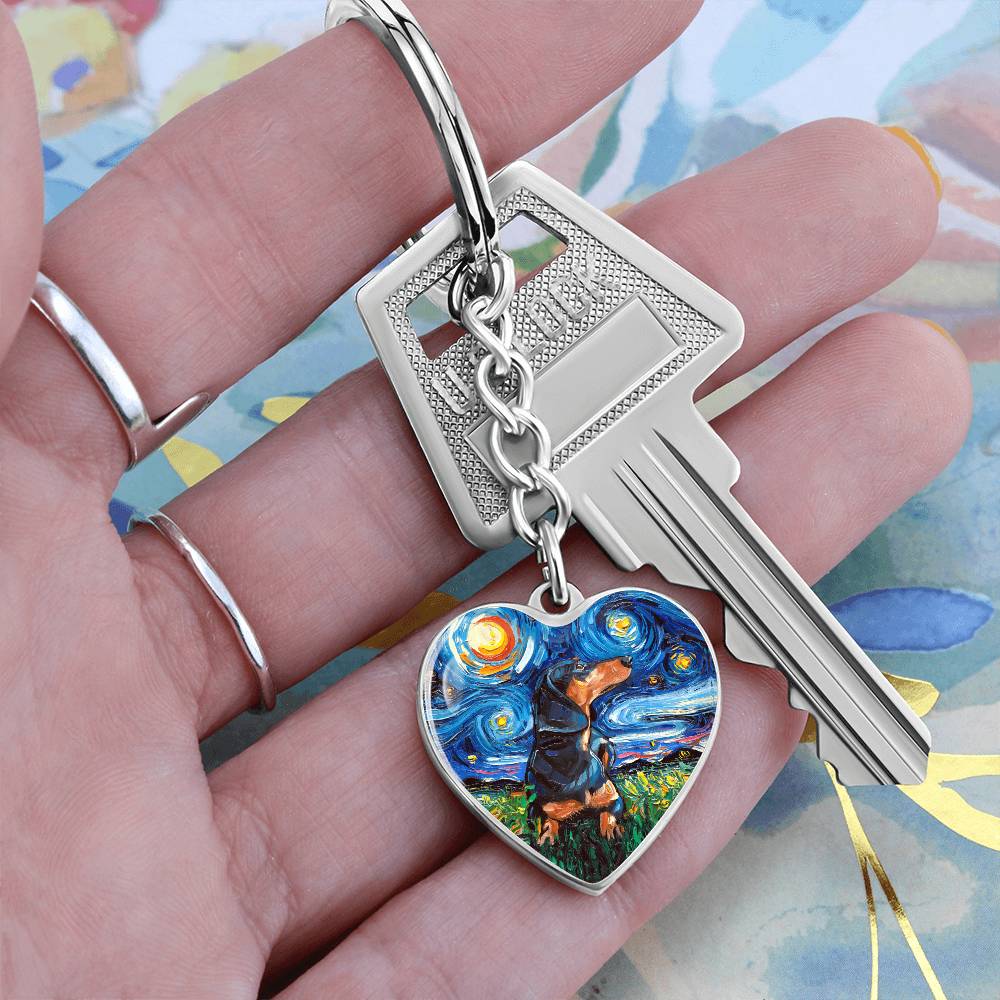 Black and Tan Dachshund Starry Night Heart Keychain