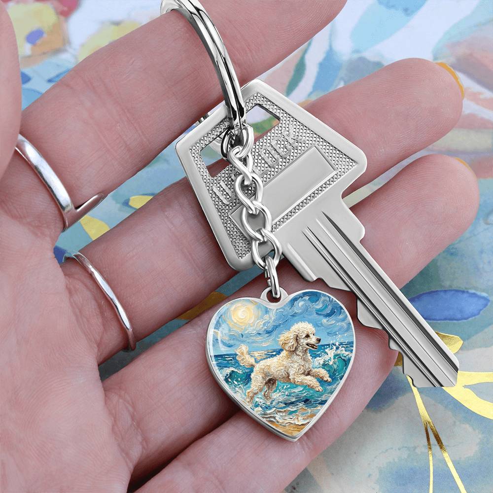 Beach Day - White Toy Poodle Heart Keychain