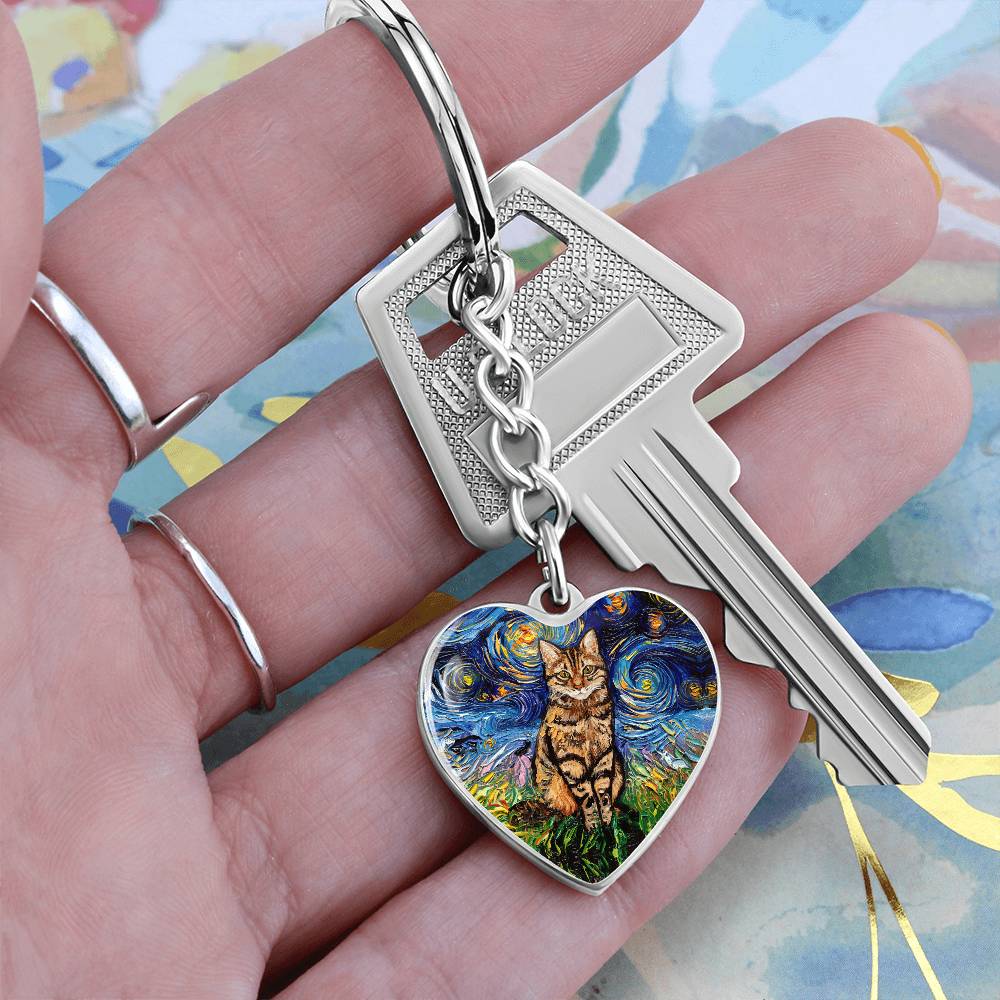 Brown Tabby Starry Night Heart Keychain