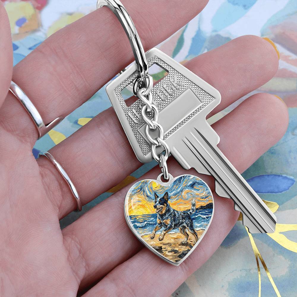 Frolicking Blue Heeler at the Beach Heart Keychain