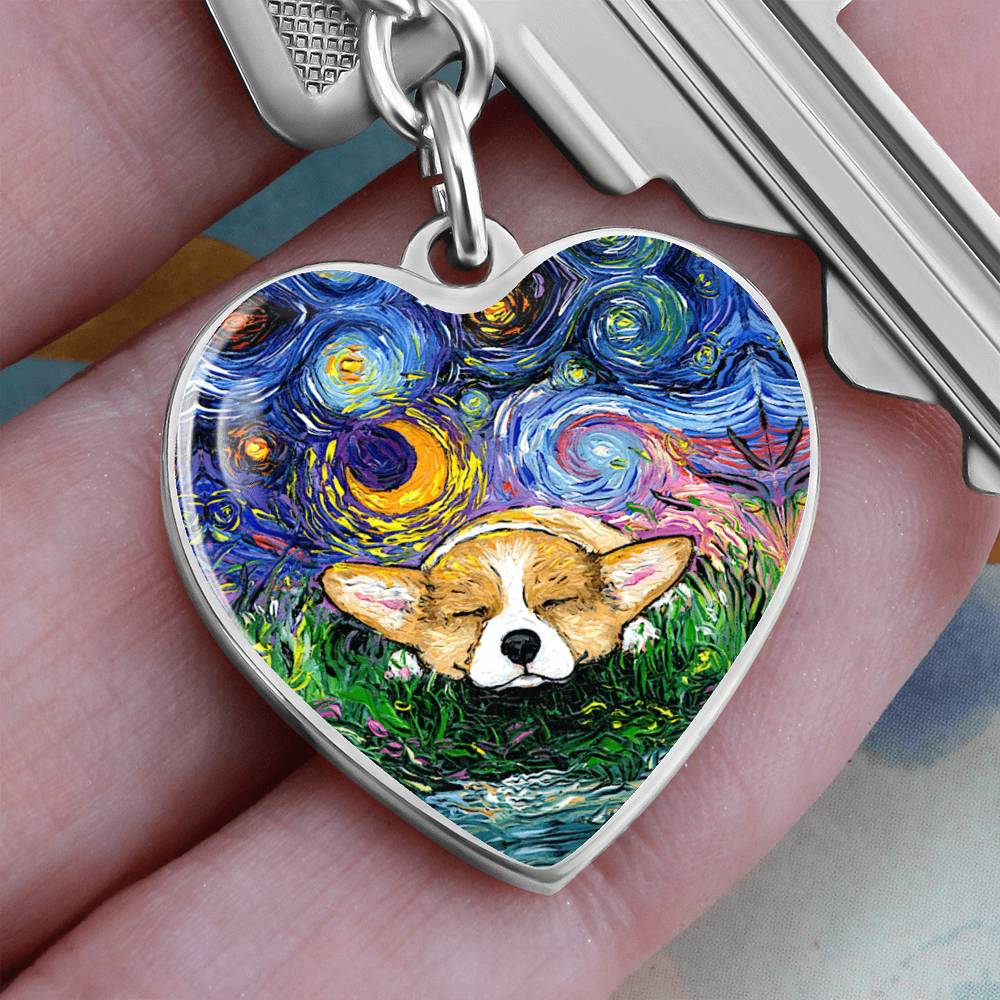 Sleeping Corgi Starry Night Heart Keychain