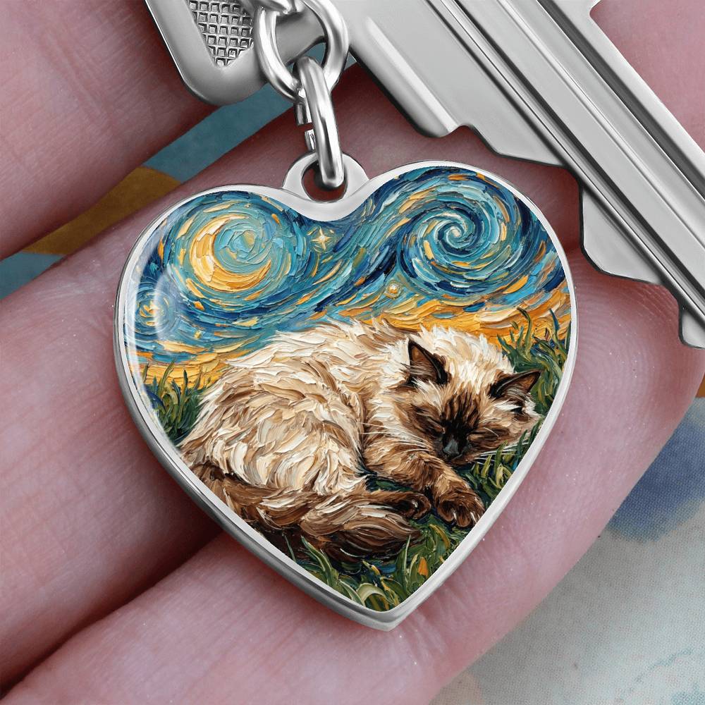 Sleepy Birman Night Heart Keychain