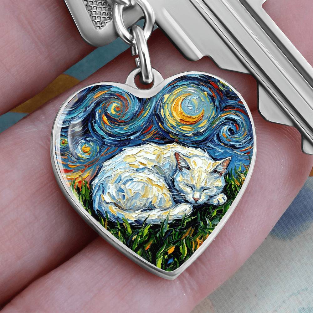 Sleepy White Cat Night Heart Keychain