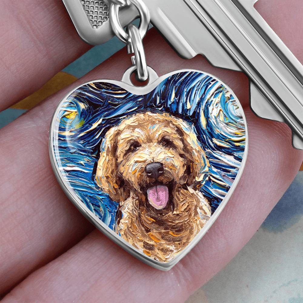 Goldendoodle Portrait Starry Night Heart Keychain